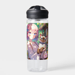 Anime Girl and Siamese Cat Personalised Water Bottle