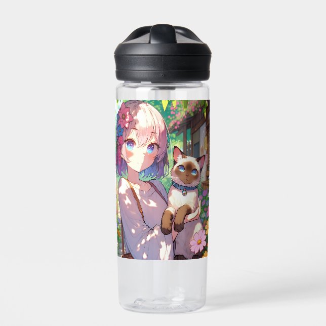 Anime Girl and Siamese Cat Personalised Water Bottle (Front)