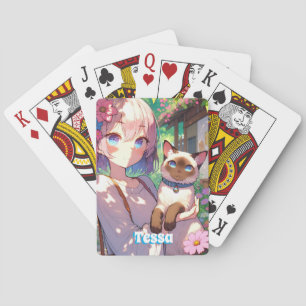 Anime Girl and Siamese Cat Playing Cards