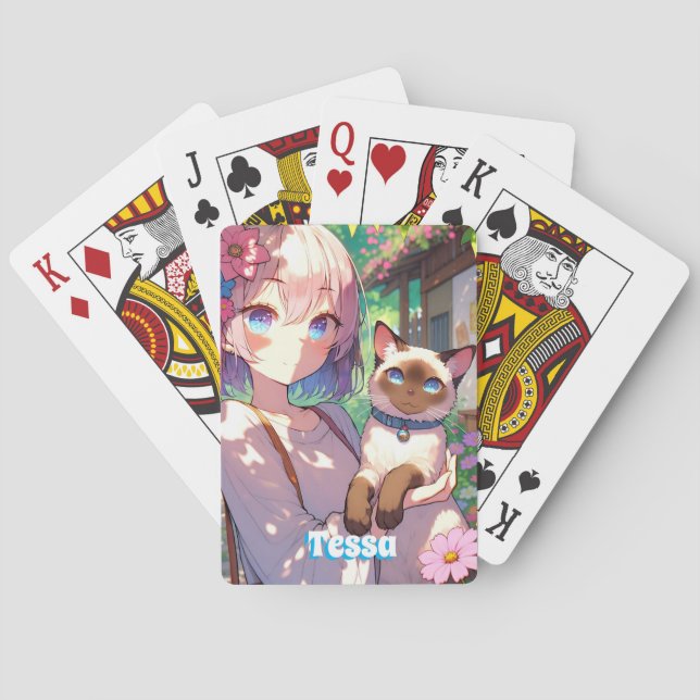 Anime Girl and Siamese Cat  Playing Cards (Back)