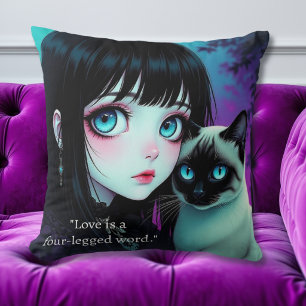 Anime Girl and Siamese Cat Quote Cushion