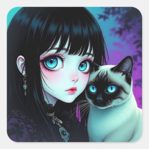 Anime Girl and Siamese Cat Square Sticker