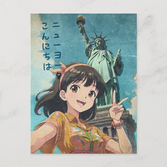 Anime Girl and Statue of Liberty, New York - Retro Holiday Postcard (Front)