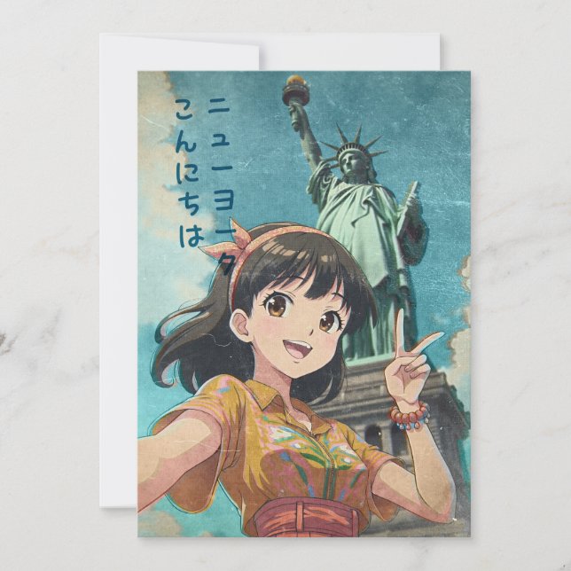 Anime Girl and Statue of Liberty, New York - Retro Thank You Card (Front)