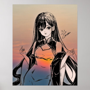 Anime Girl and Sunset Costume Illustration Poster