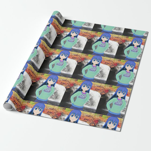 Anime girl and waterfall wrapping paper (Unrolled)
