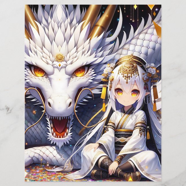 Anime Girl and White and Gold Dragon  (Back)