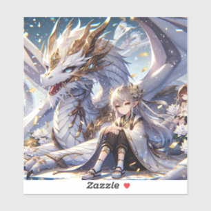 Anime Girl and White and Gold Dragon