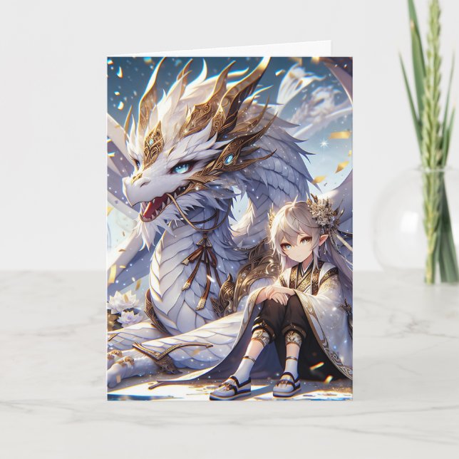 Anime Girl and White and Gold Dragon Birthday Card (Front)