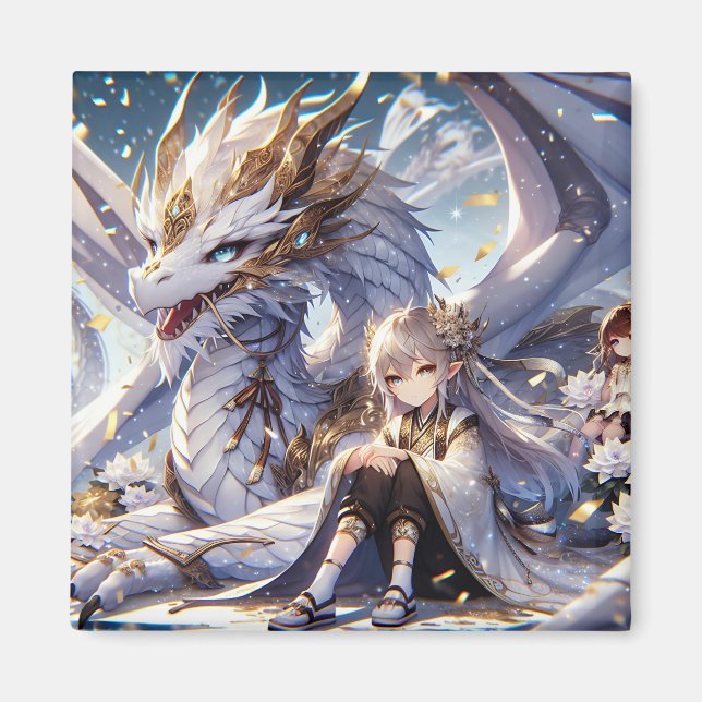 Anime Girl and White and Gold Dragon  Magnet (Front)