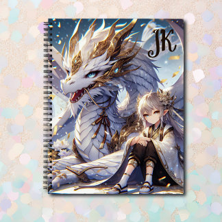 Anime Girl and White and Gold Dragon Monogrammed Notebook