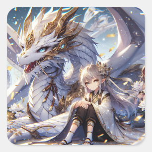 Anime Girl and White and Gold Dragon  Square Sticker