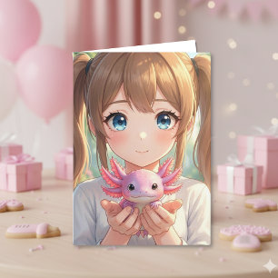 Anime Girl' Axolotl Birthday with Colouring Page   Card