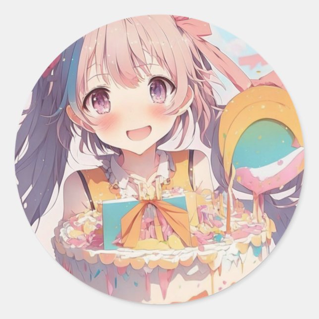 Anime Girl Birthday Cake Classic Round Sticker (Front)