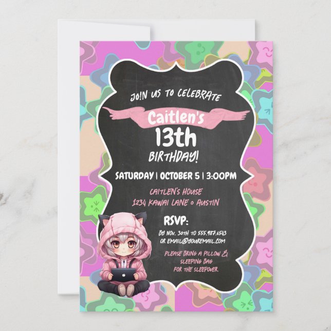Anime Girl Birthday Kawai Stars Japanese Manga Invitation (Front)