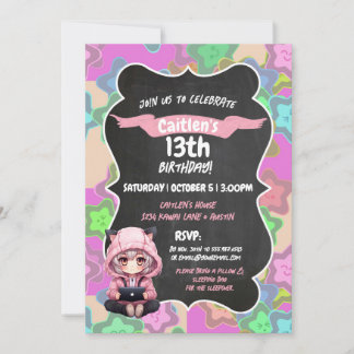 Anime Girl Birthday Kawai Stars Japanese Manga Invitation