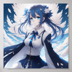 Anime girl blue and white artwork Poster
