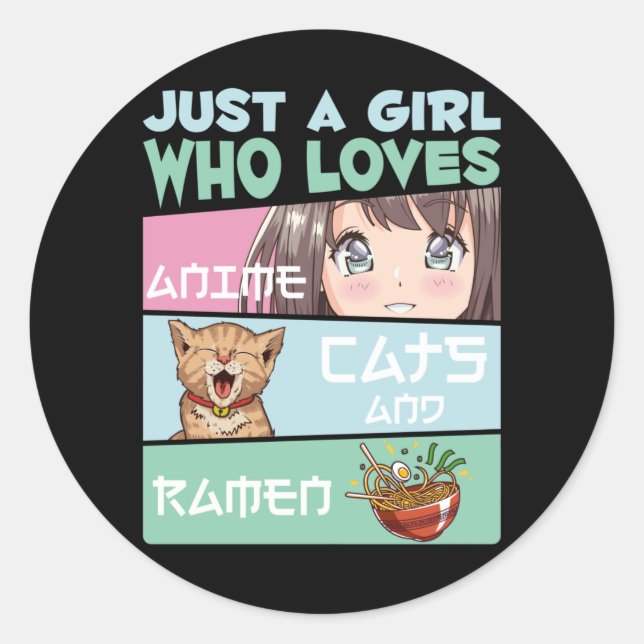 Anime Girl Cat and Ramen addicted Japanese Noodles Classic Round Sticker (Front)