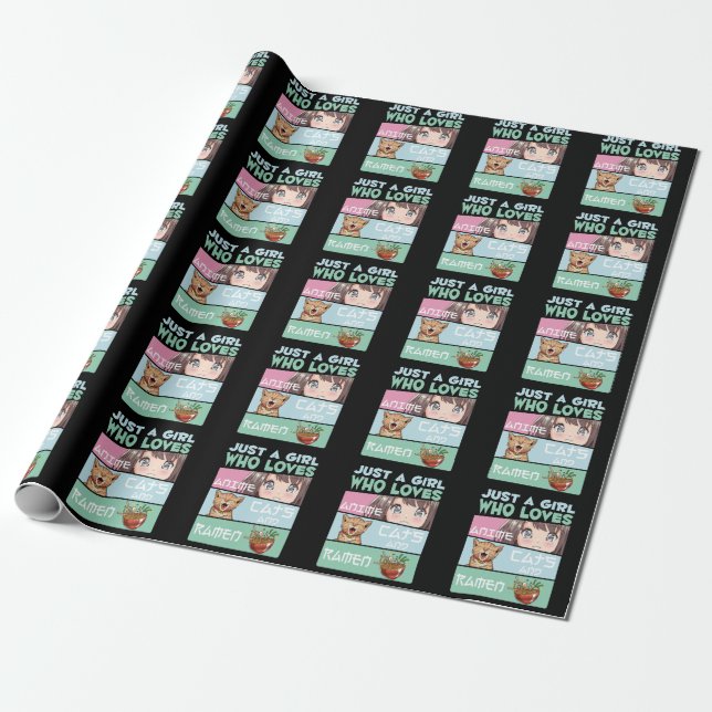 Anime Girl Cat and Ramen addicted Japanese Noodles Wrapping Paper (Unrolled)