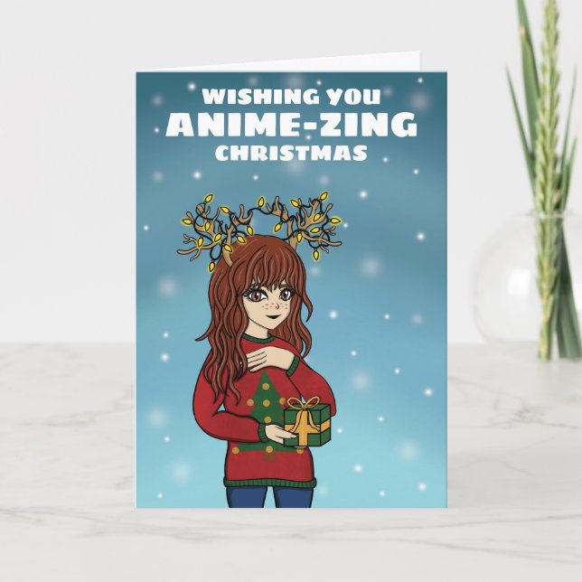 Anime Girl Christmas Holiday Card (Front)