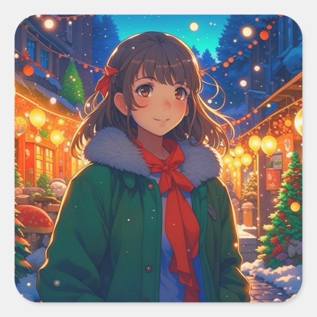 Anime Girl Christmas Lights  Square Sticker (Front)