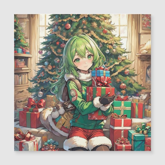 Anime girl christmas magnetic card (Front)