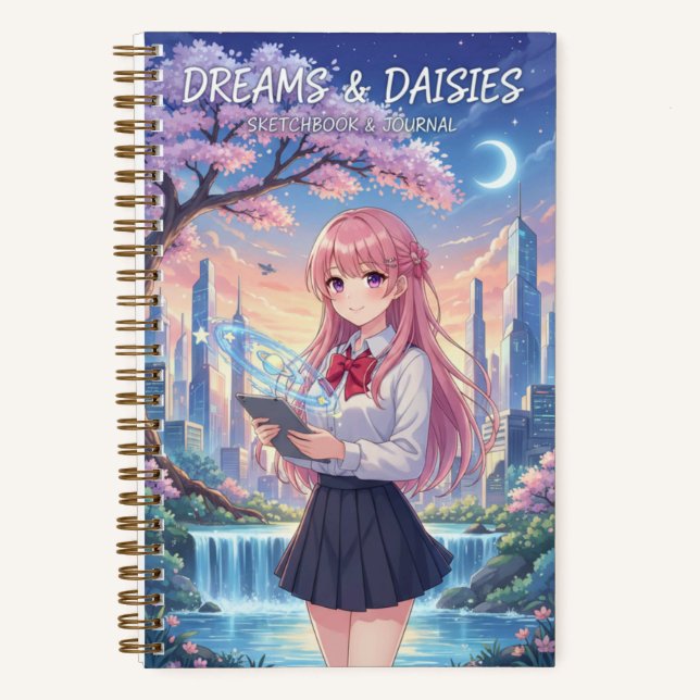 Anime Girl Cityscape & Holographic Planet Journal (Front)