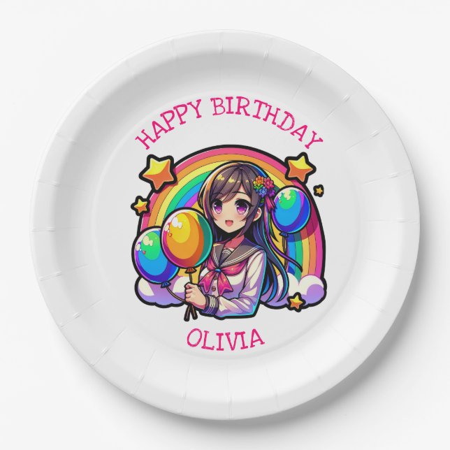Anime Girl Colourful Pop Art Birthday Personalised Paper Plate (Front)