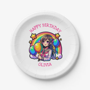 Anime Girl Colourful Pop Art Birthday Personalised Paper Plate