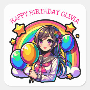Anime Girl Colourful Pop Art Birthday Personalised Square Sticker