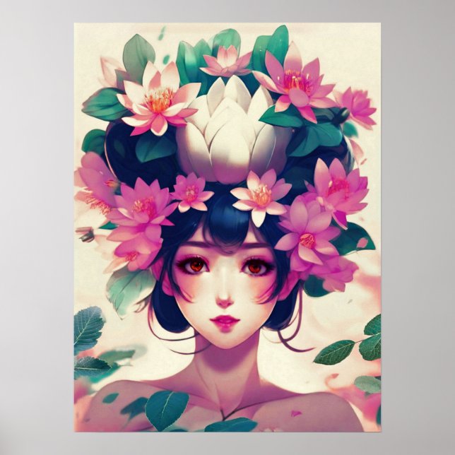 Anime Girl Crowned with Lotus Blossoms Poster (Front)