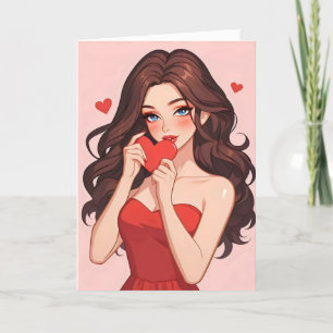 Anime Girl Cute Love Pink Holiday Card