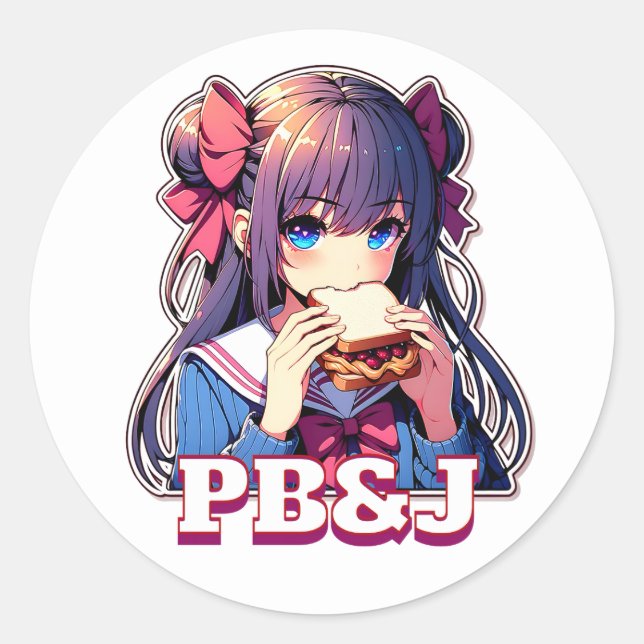 Anime Girl eating a PB&J Sandwich  Classic Round Sticker (Front)