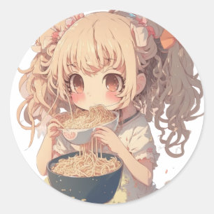 Anime Girl Eating Ramen Noodles Classic Round Sticker