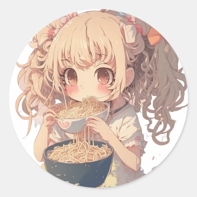 Anime Girl Eating Ramen Noodles Classic Round Sticker (Front)