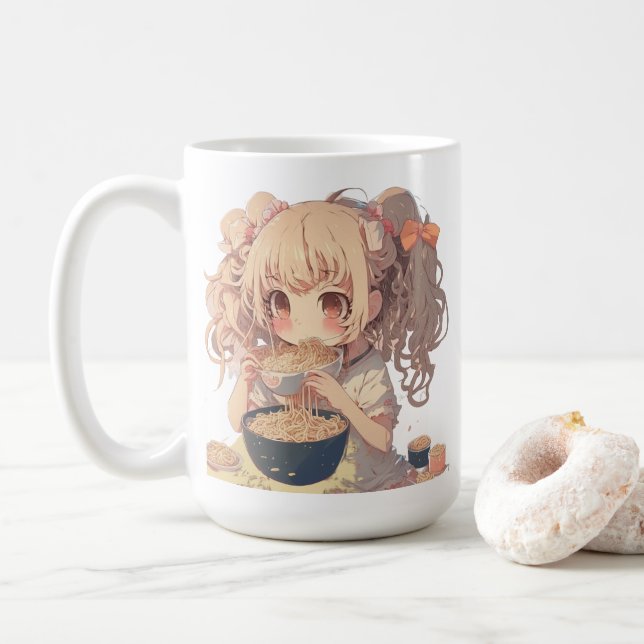 Anime Girl Eating Ramen Noodles Personalised Coffee Mug (With Donut)