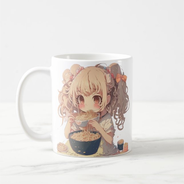Anime Girl Eating Ramen Noodles Personalised Coffee Mug (Left)
