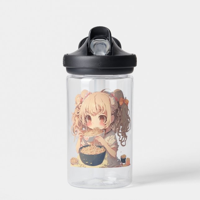 Anime Girl Eating Ramen Noodles Personalised Water Bottle (Front)