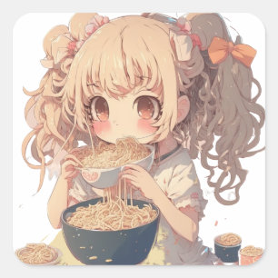 Anime Girl Eating Ramen Noodles Square Sticker