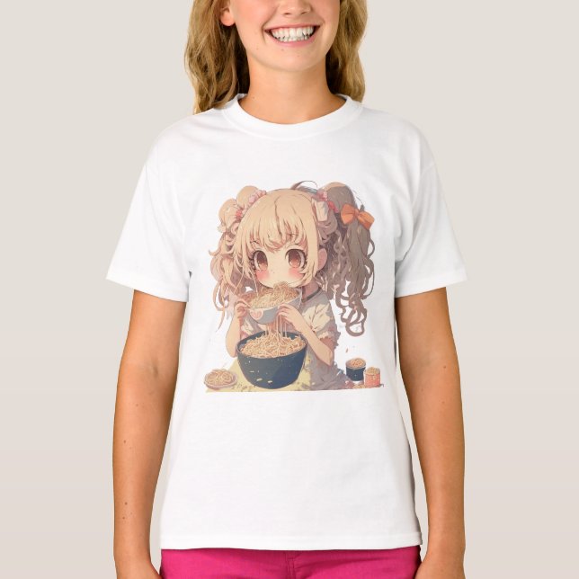 Anime Girl Eating Ramen Noodles   T-Shirt (Front)
