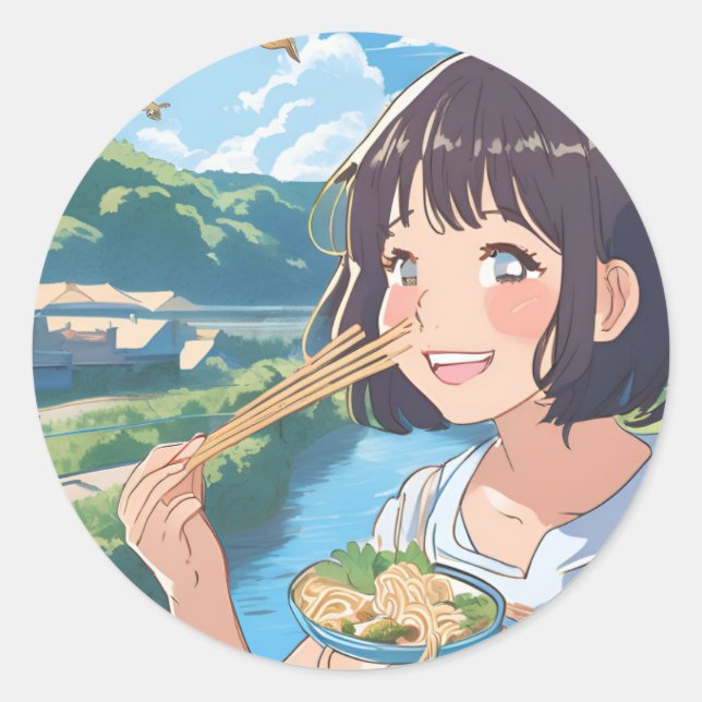 Anime girl eating ramen sticker (Front)