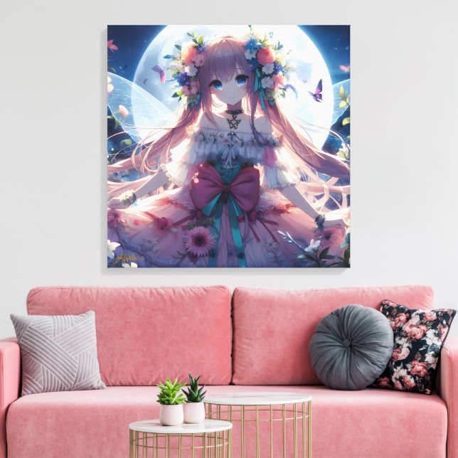 Anime Girl Flower Moon Fairy Canvas Print (Insitu(LivingRoom))