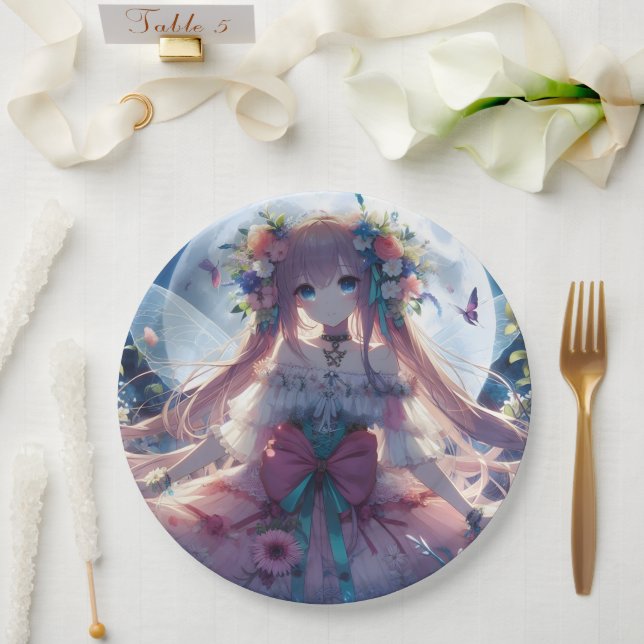 Anime Girl Flower Moon Fairy Paper Plate (Wedding)