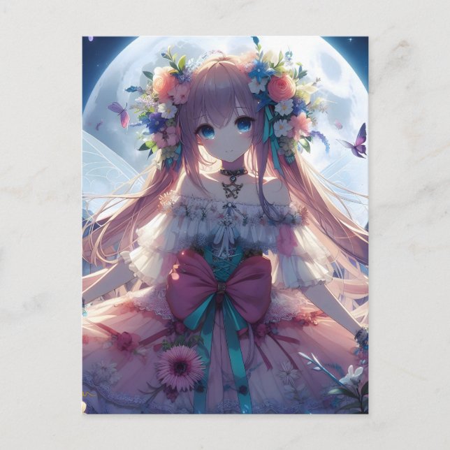 Anime Girl Flower Moon Fairy Postcard (Front)