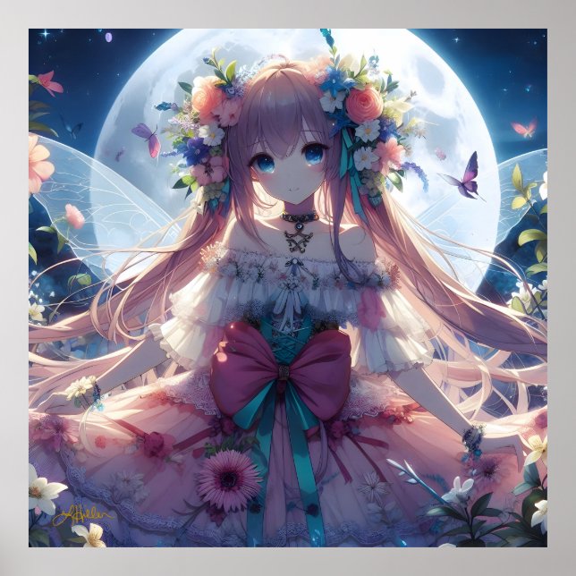 Anime Girl Flower Moon Fairy Poster (Front)