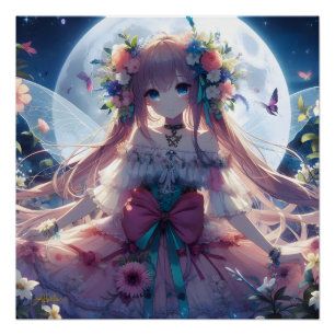 Anime Girl Flower Moon Fairy Poster