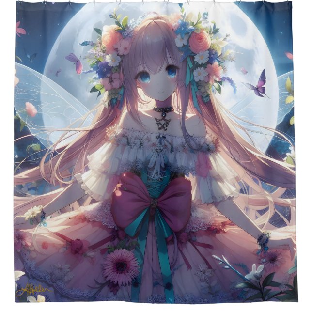 Anime Girl Flower Moon Fairy Shower Curtain (Front)
