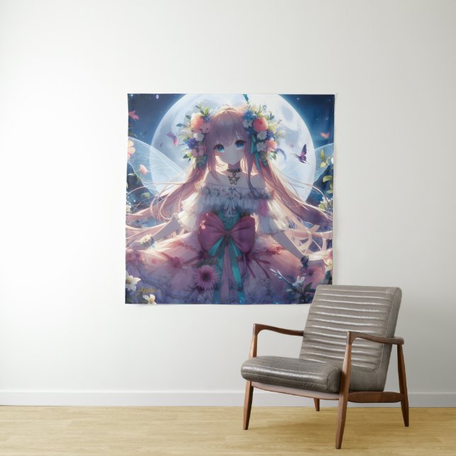 Anime Girl Flower Moon Fairy Tapestry (In Situ)
