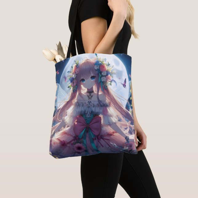 Anime Girl Flower Moon Fairy Tote Bag (Close Up)