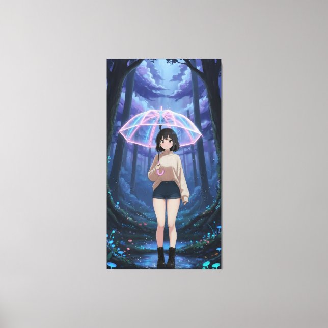 Anime girl happily moves through the forest canvas print (Front)